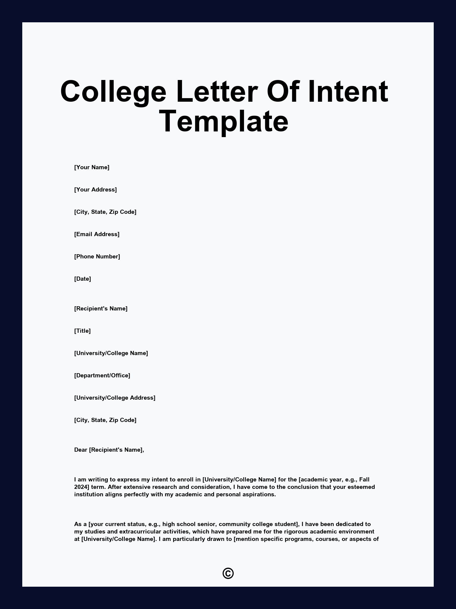 College Letter Of Intent Template