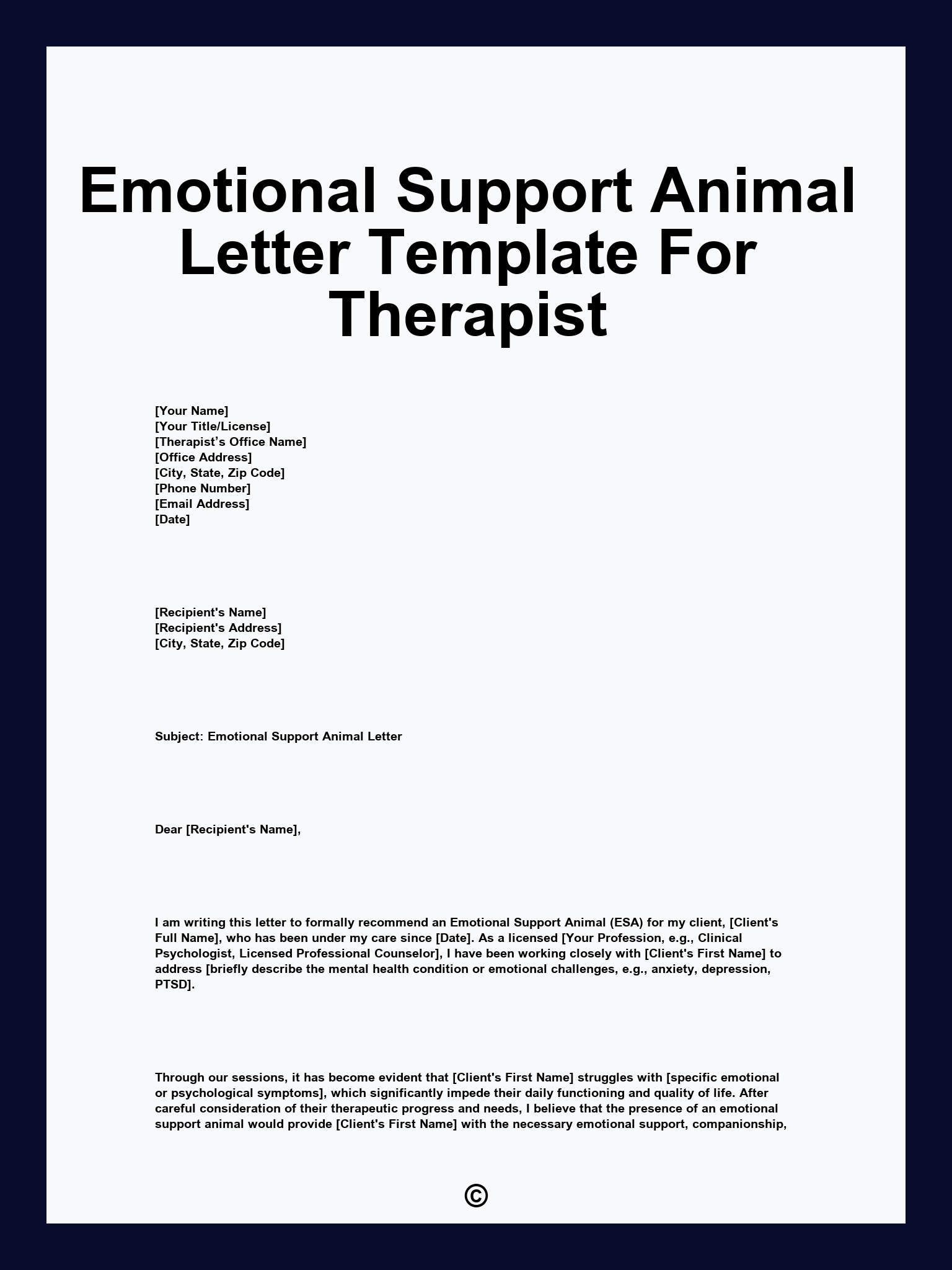 Emotional Support Animal Letter Template For Therapist