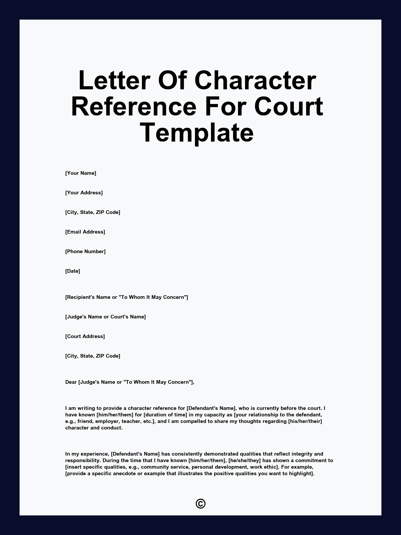 Letter Of Character Reference For Court Template