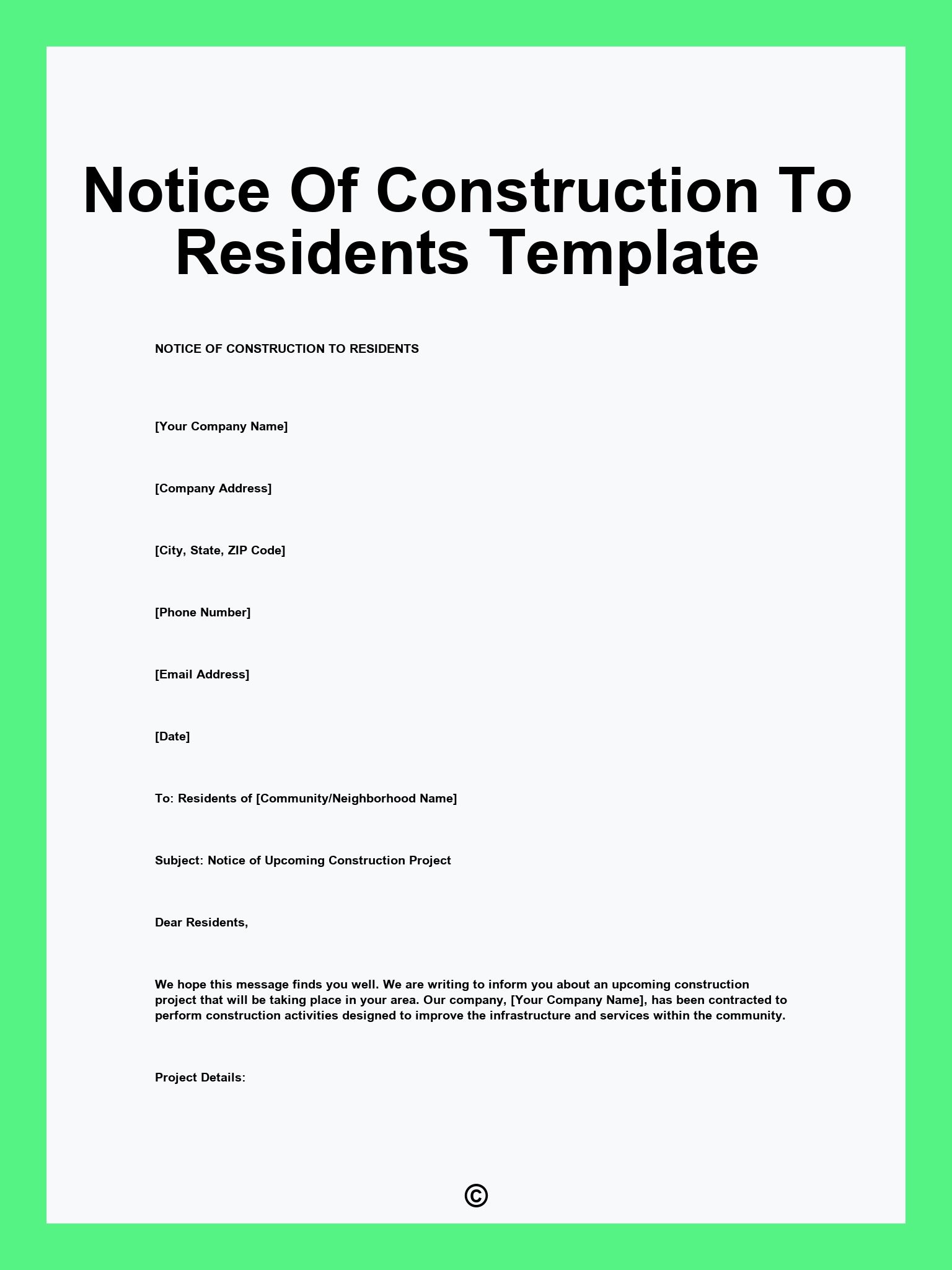 Notice Of Construction To Residents Template