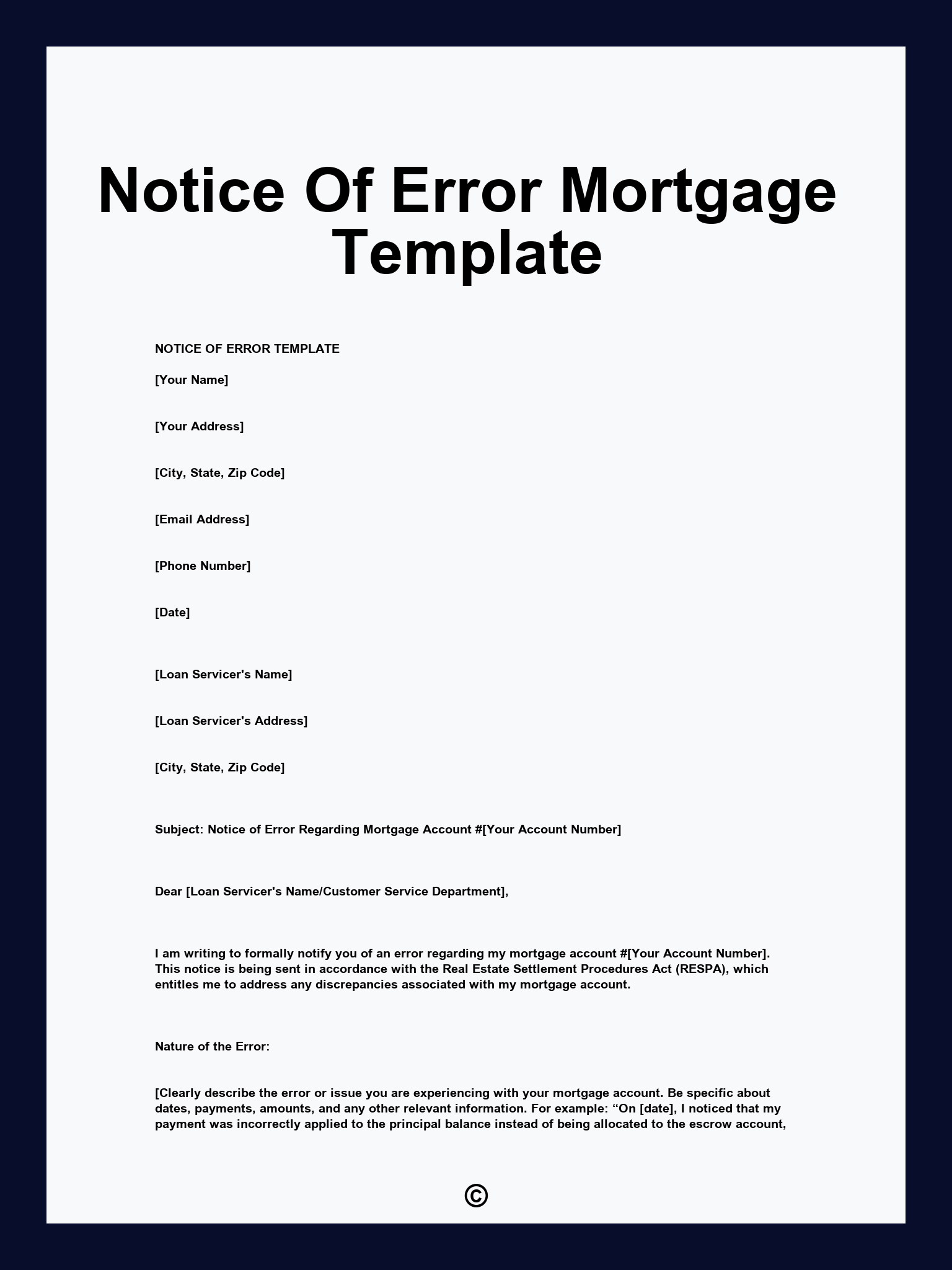 Notice Of Error Mortgage Template
