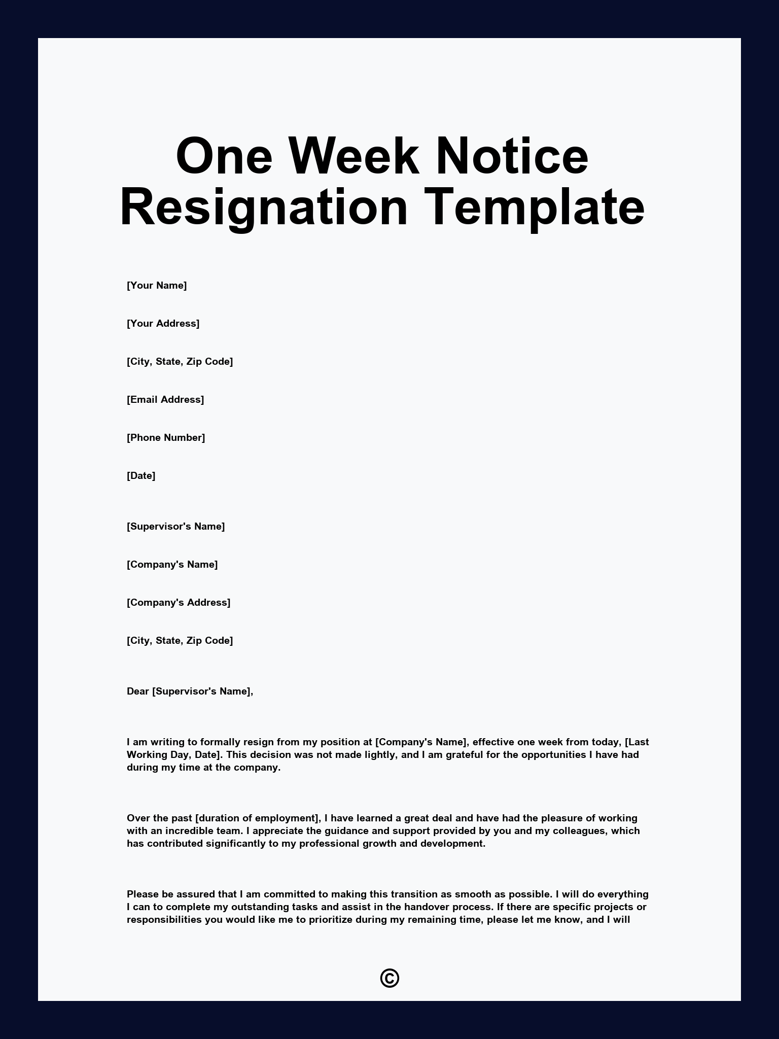One Week Notice Resignation Template