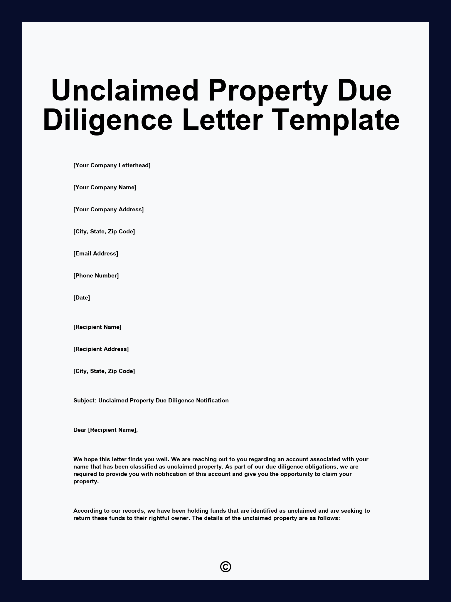 Unclaimed Property Due Diligence Letter Template